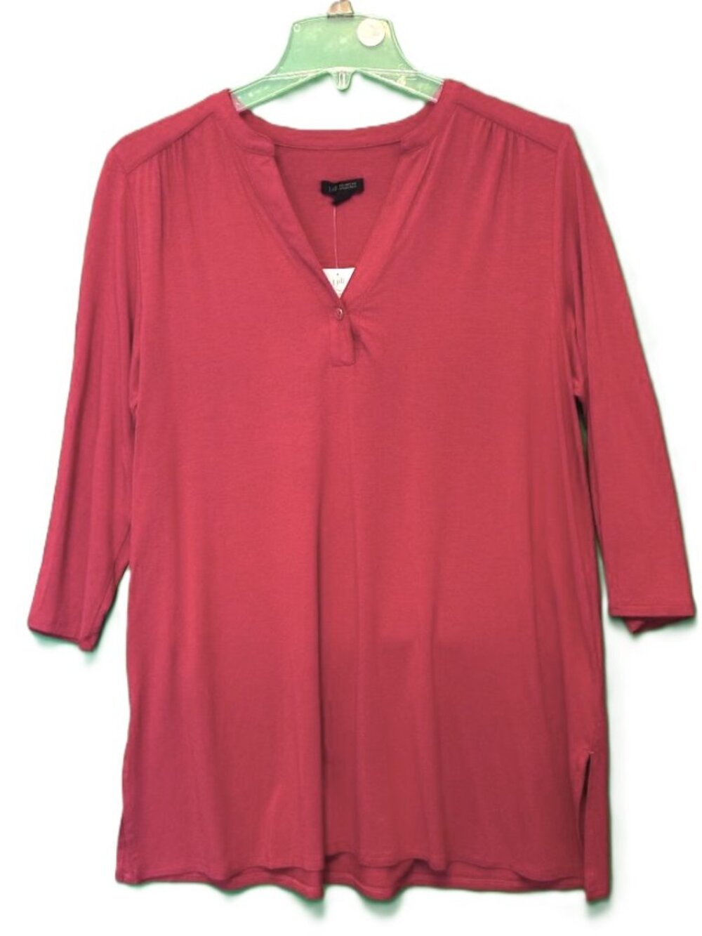 NWT J. Jill Sz M Christmas Red Gerbera V-neck Knit Tunic 3/4 Slv Top Side Slits